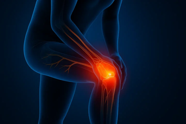 Illustration showing chronic joint pain highlighted at the knee with glowing nerves to explain pain sensitivity.