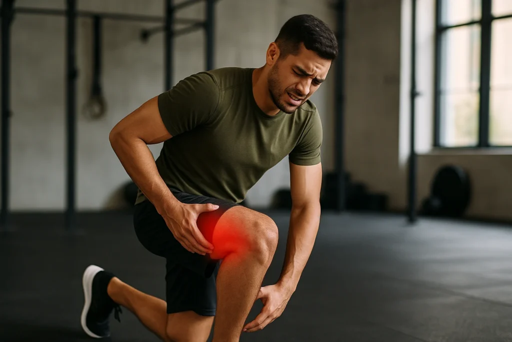 Athlete performing a lunge with incorrect movement pattern and highlighted hamstring pain showing recurring sports injuries.