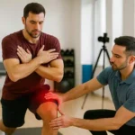Athlete performing a guided movement assessment during a return to sport program with highlighted knee load.