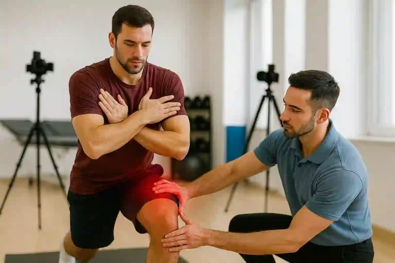 Athlete performing a guided movement assessment during a return to sport program with highlighted knee load.