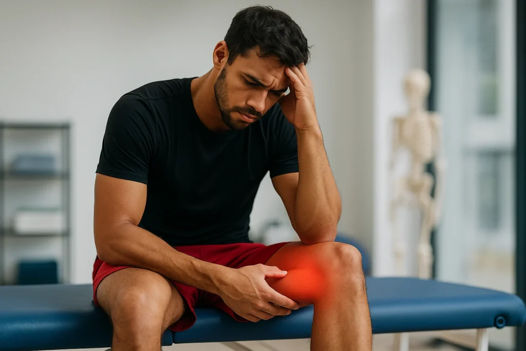 Athlete sitting on physio table with knee pain showing stalled sports injury recovery.