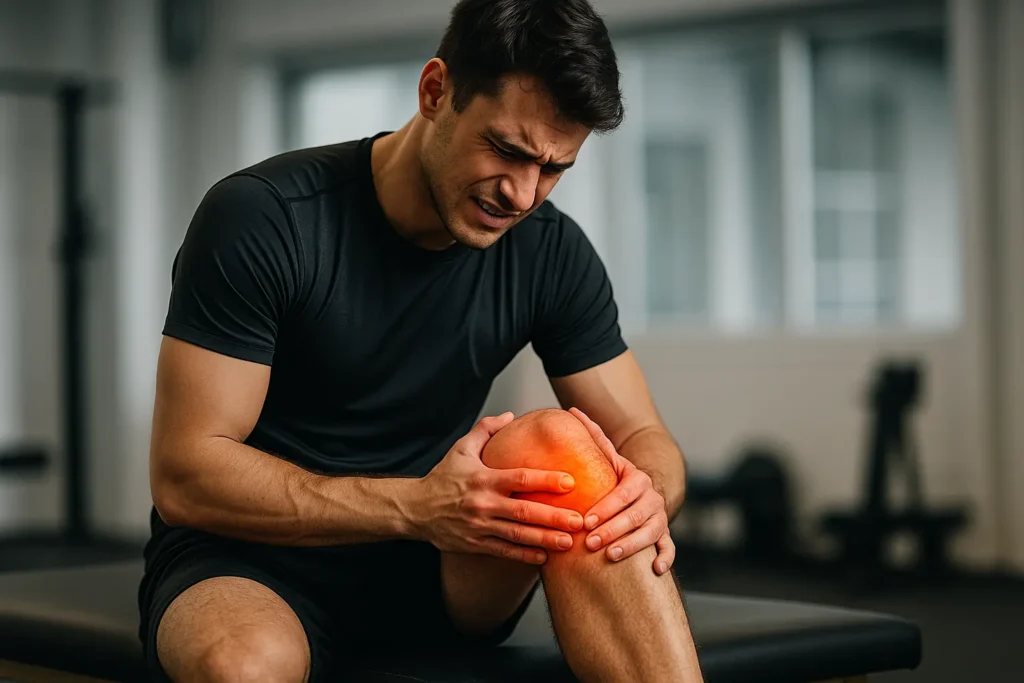Athlete holding his lower leg to show chronic tendon pain during tendinopathy treatment.