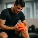 Athlete holding his lower leg to show chronic tendon pain during tendinopathy treatment.