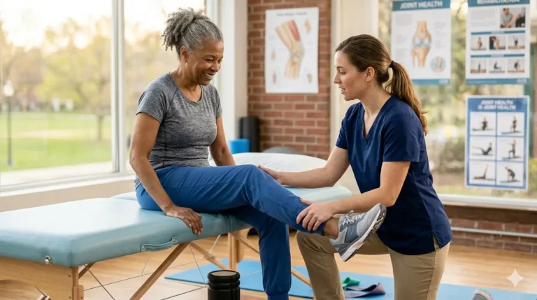 Physiotherapist helping a patient improve movement and reduce bone on bone knee pain naturally