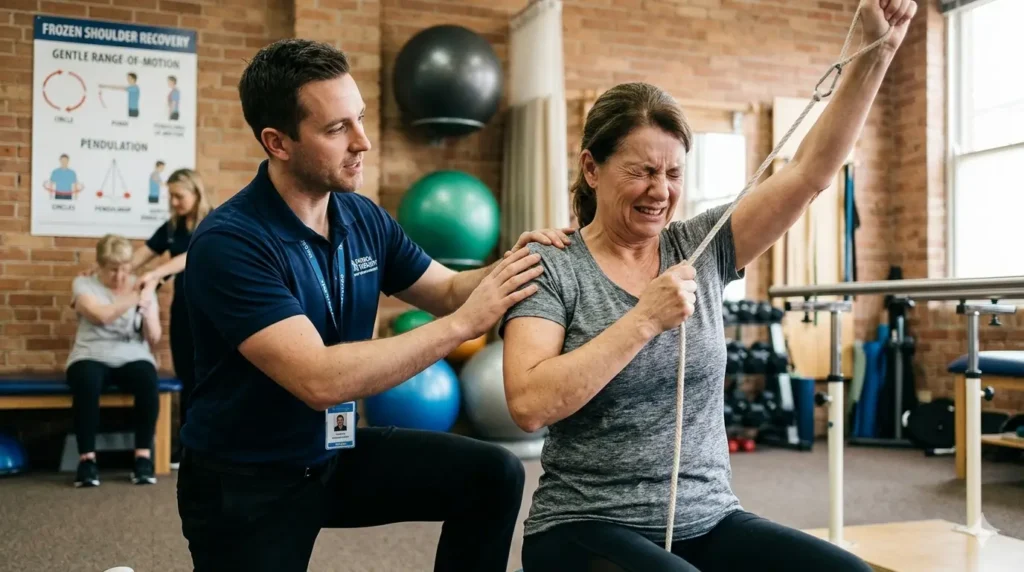 Physiotherapist helping a patient improve mobility during frozen shoulder treatment