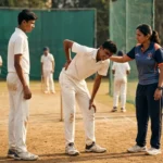 Young fast bowler with early fast bowler back injury symptoms being assessed by a sports physiotherapist on a cricket ground