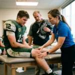 Football player holding a painful knee after an injury during a match, highlighting common football knee injuries such as MCL sprains, meniscus tears, and patellar tendinopathy.